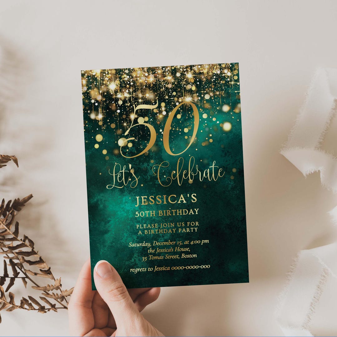 50th Birthday Invitation Template Emerald Green and Gold, Editable All ...