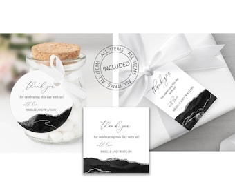 Black and Silver Favor Tag, Wedding Favor Tag, Printable Favor Tag, Favor Tag Set, Gift Tag, Round Favor Tag, Circle, Marble Favor Tag
