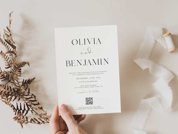 Wedding Invitation with QR code, Printable Wedding Invitation Template, Modern Minimalist Wedding Invitation, Invitation QR Code rsvp