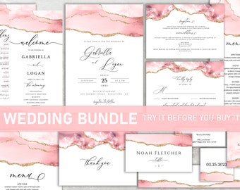 Wedding Invitation Bundle Blush and Gold, Wedding  Invitation Set Template, Invitation Suite, Instant Download, Editable online