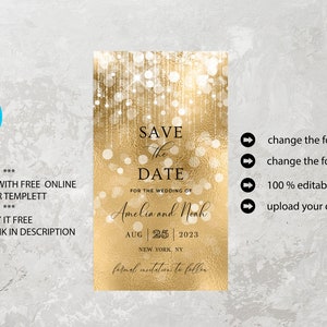 Puede incluir: Tarjeta dorada de guardar la fecha con un fondo bokeh y el texto "Save the Date" para la boda de Amelia y Noah el 25 de agosto de 2023 en Nueva York, NY. La tarjeta es editable y puedes cambiar el estilo de fuente, el color de fuente y el texto. Tambi&eacute;n puedes subir tu propia imagen.