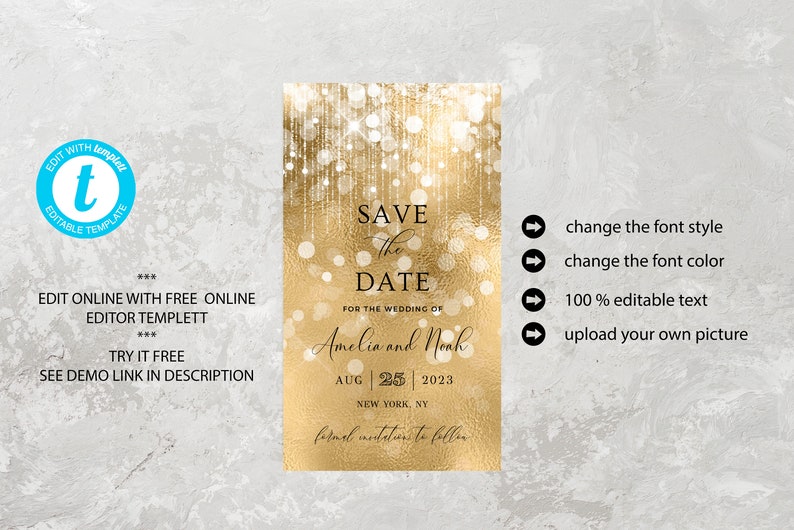 Puede incluir: Tarjeta dorada de guardar la fecha con un fondo bokeh y el texto "Save the Date" para la boda de Amelia y Noah el 25 de agosto de 2023 en Nueva York, NY. La tarjeta es editable y puedes cambiar el estilo de fuente, el color de fuente y el texto. Tambi&eacute;n puedes subir tu propia imagen.