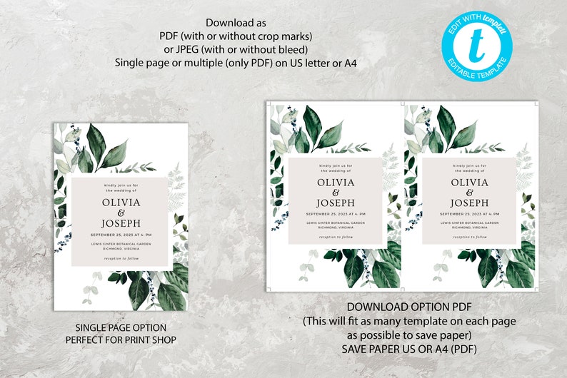 OLIVIA Wedding Invitation Greenery, Wedding Invitation Set Template, Wedding Invitation Foliage, Editable Template, Instant Download image 7
