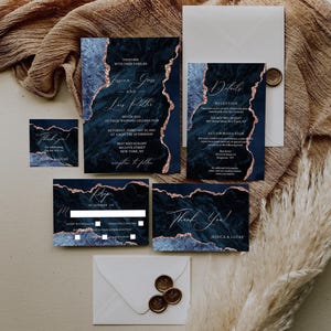 Wedding Invitation Blue and Rose Gold, Wedding Invitation Set Template, Wedding Invitation Suite Blue, Invitation with RSVP card, Editable