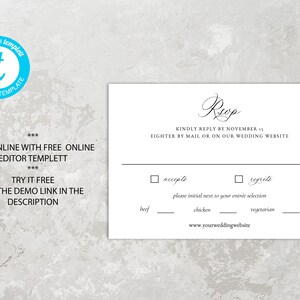 May include: A white RSVP card with black text. The card has a section for guests to indicate whether they will accept or regret the invitation. It also includes a section for guests to choose their meal preference: beef, chicken, or vegetarian. The card includes the text "Rup" and "Kindly reply by November 8th either by mail or on our wedding website".