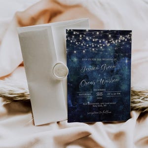 Invitación de boda galaxia, invitación de boda bajo las estrellas, invitación de boda cielo nocturno, plantilla de invitación de boda celestial para descargar