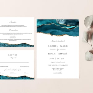 Turquoise Wedding Invitation Template, Wedding Invitation Set, Wedding Invitation Suite Template, Turquoise and Gold, Instant Download