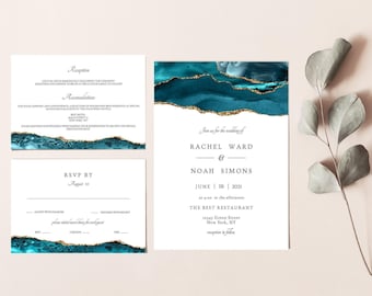 Turquoise Wedding Invitation Template, Wedding Invitation Set, Wedding Invitation Suite Template, Turquoise and Gold, Instant Download