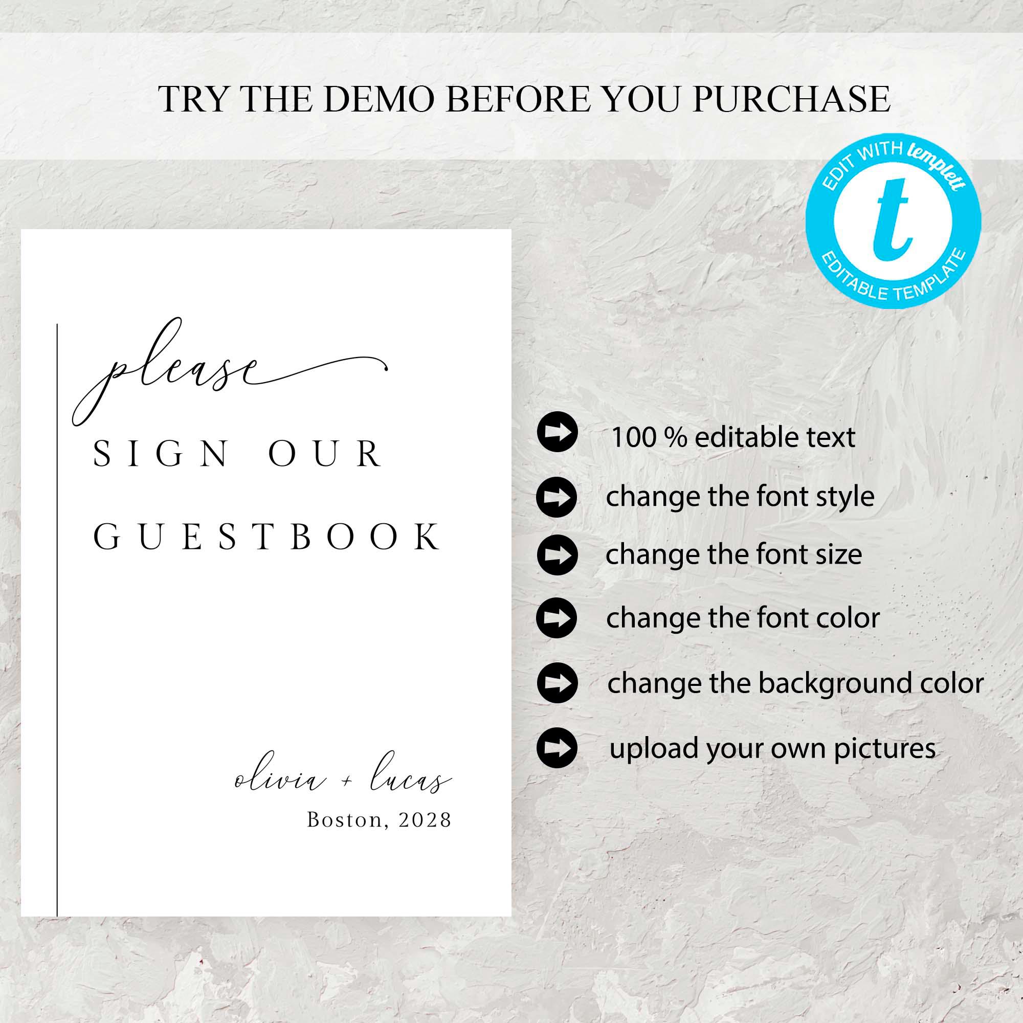 Elegant Guest Book Sign Template: Editable Text, Color, Digital ...