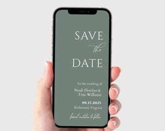 Invito "Save the Date" color verde salvia, elegante e minimalista, completamente modificabile, download immediato.