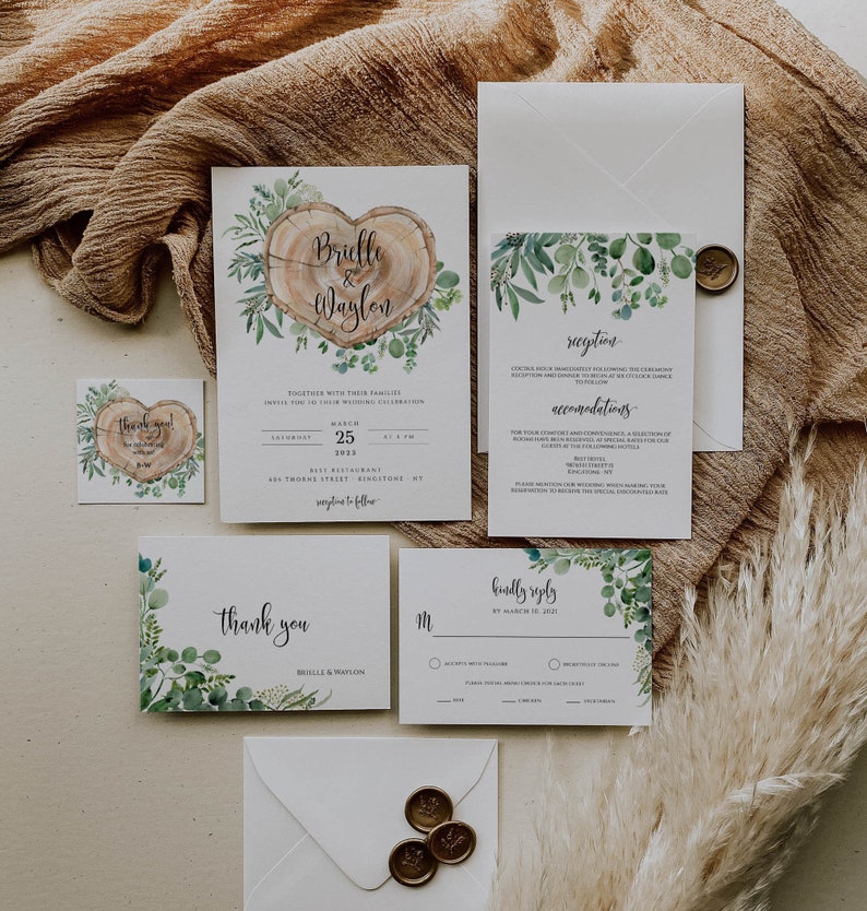 Rustic Woodland Wedding Invitation Set Template, Country Barn Wedding Invitation, Greenery Wedding Invitation with RSVP, Instant Download image 1