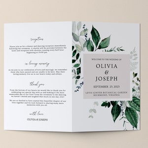 OLIVIA - Wedding Program Template, Ceremony Program Greenery, Botanical, Wedding Program Folded, Bifold Program, Editable Text, Printable