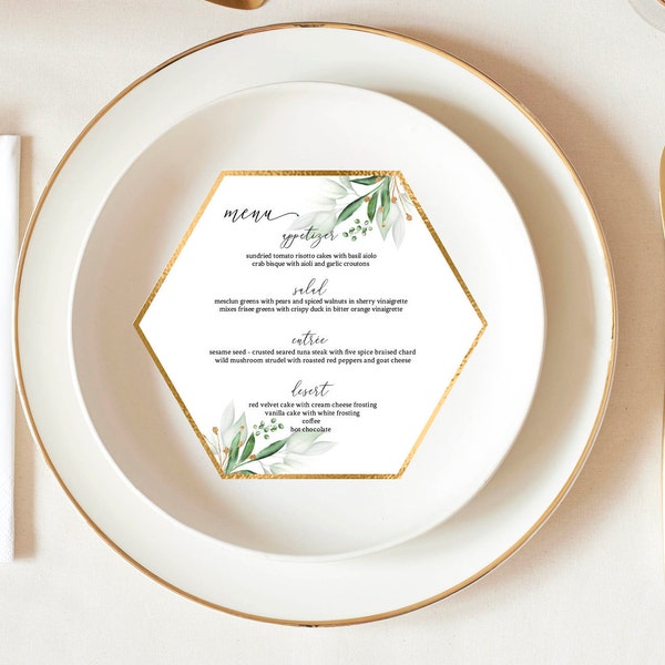 Wedding Menu Place Card Template, Gold Foil and Green Leaves, Hexagon Menu Card, Fully Editable Text, Download PDF or JPEG