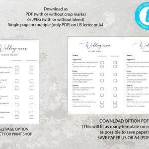 May include: Printable wedding menu template with checkboxes for guests to select their meal choices. The template includes appetizers, salads, entrees, and desserts. The text "Wedding Menu Please Select" is at the top of the page. The template is available as a single page or multiple pages in PDF format.