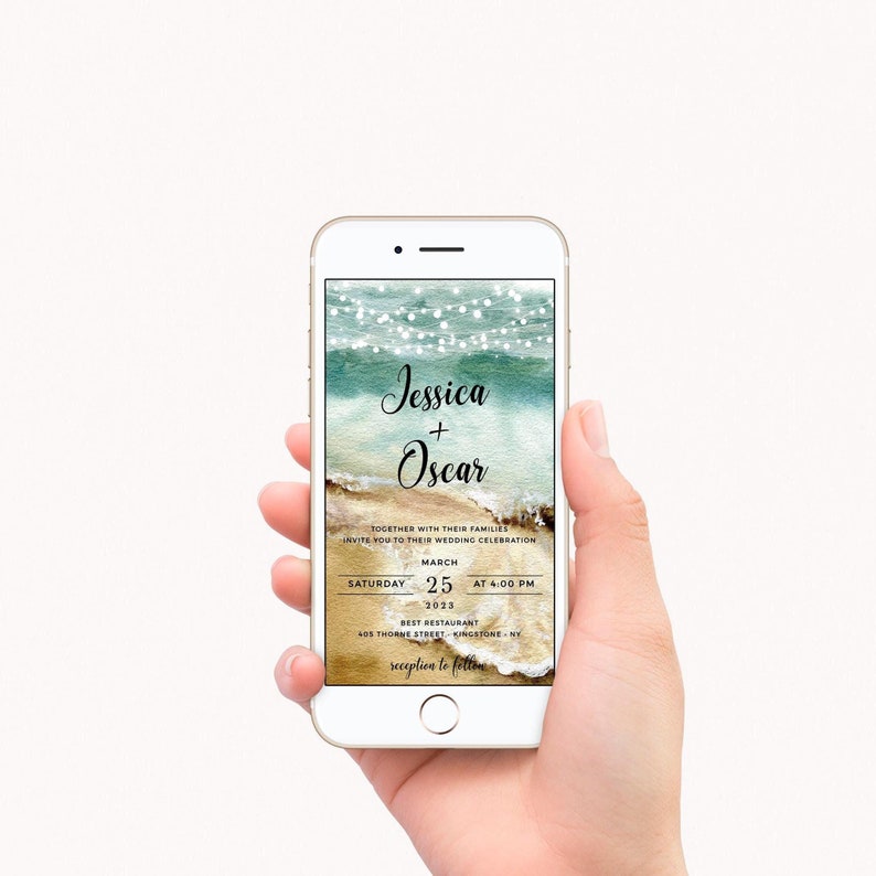 May include: A digital wedding invitation with a beach theme. The invitation features a watercolor background with a sandy beach, ocean waves, and string lights. The text reads "Jessica + Oscar" and includes the date, time, and location of the wedding.