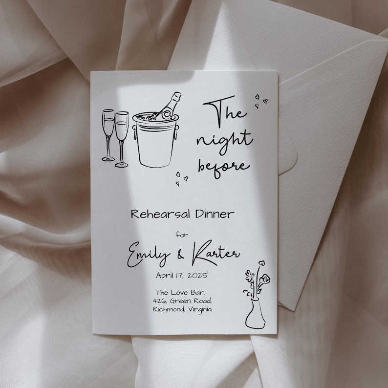 Wedding Rehearsal Dinner Invite, Trendy Invitation, Hand Drawn Wedding, Funny, Funky, Whimsical, Scribble, The Night Before Invite, Template image 2
