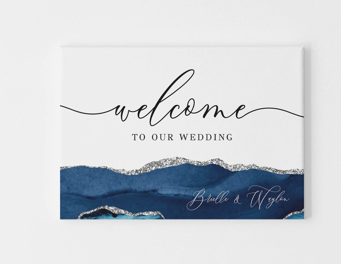 Blue and Silver Wedding Welcome Sign Welcome Wedding Signage image 1