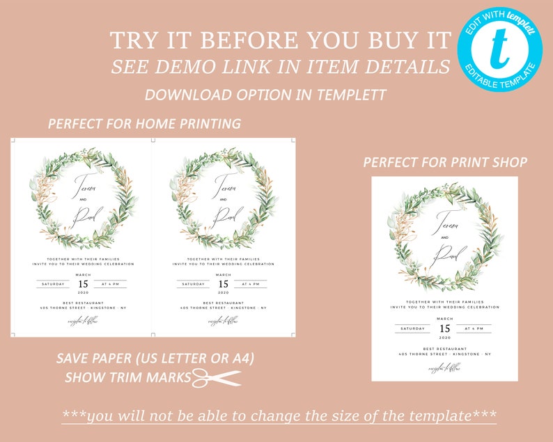 Wedding Invitation Template Editable Boho Wedding Invite Greenery Invitation Invitation Download Green and Gold Printable