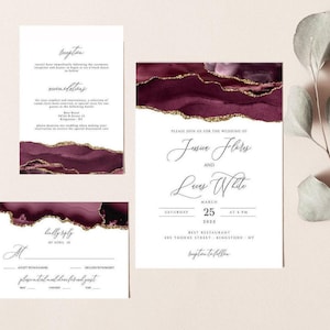 Wedding Invitation Suite Burgundy and Gold, Invitation Set Template, Burgundy Agate, Maroon, Wine, Instant Download, Edit with Templett