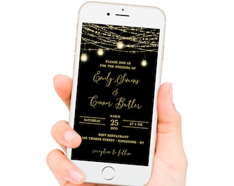 Black and Gold Wedding Invite, Digital Wedding Invitation Gold Lights, Electronic Wedding Invitation, Text Message, Editable, Downloadable