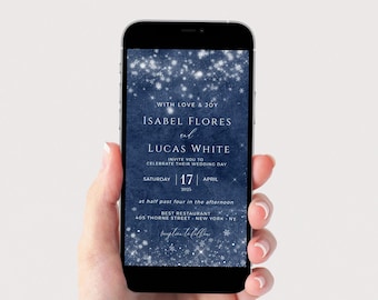 Invitación de boda invernal azul con copo de nieve, texto personalizado, invitación digital