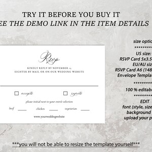 May include: A white RSVP card template with black text. The text says "Rup" and "Kindly reply by November 1st, either by mail or on our wedding website". The card has a section for guests to indicate whether they will accept or regret, and a section for guests to choose their meal option. The card also includes the text "www.yourweddingwebsite".