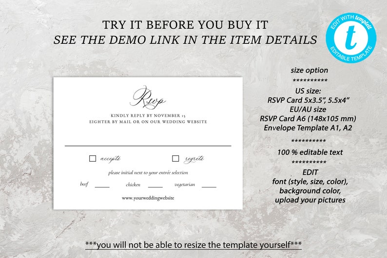 May include: A white RSVP card template with black text. The text says "Rup" and "Kindly reply by November 1st, either by mail or on our wedding website". The card has a section for guests to indicate whether they will accept or regret, and a section for guests to choose their meal option. The card also includes the text "www.yourweddingwebsite".