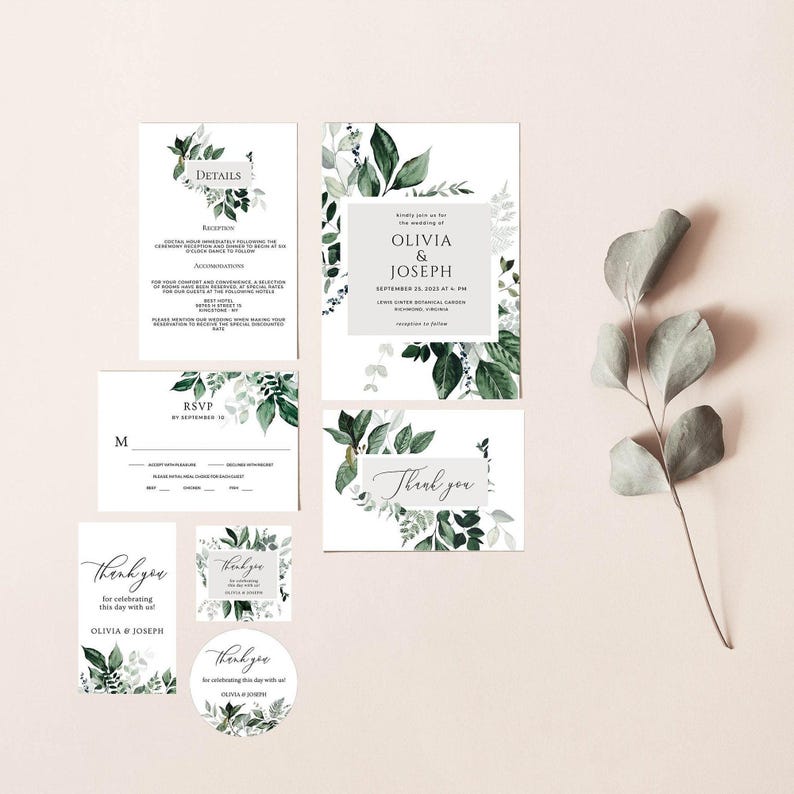 OLIVIA - Invitación de boda con vegetación, conjunto de invitaciones de boda, invitación de boda rústica y botánica, plantilla editable, descarga digital imagen 4