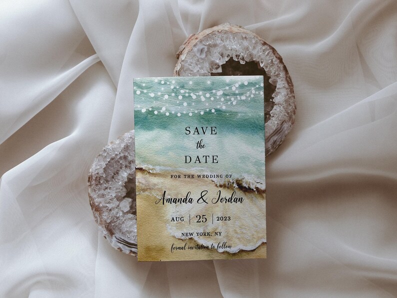 Modello di invito "Save the Date", tema spiaggia, testo modificabile, download digitale stampabile immagine 2