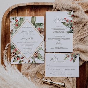 Winter Wedding Invitation, Wedding Invitation Suite, Holiday Wedding Invitation, Christmas Wedding Invitation Set, Editable Template