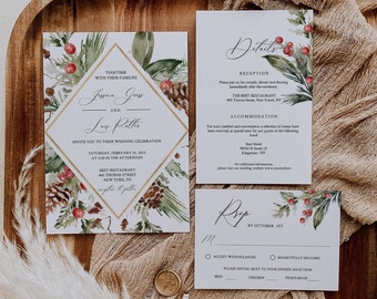 May include: A wedding invitation suite with a winter theme. The invitation features a watercolour illustration of pine cones, berries, and greenery. The text reads "Together with their families Jessica Goss and Lay Ritter invite you to their wedding celebration Saturday, February 25, 2023 at 4:30 in the afternoon Best Restaurant 405 Thorne Street New York, NY". The RSVP card features a similar watercolour illustration and the text "RSVP by October 1st Accept with pleasure Regretfully declines Please initial next to your entree selection Beef Chicken Vegetarian".