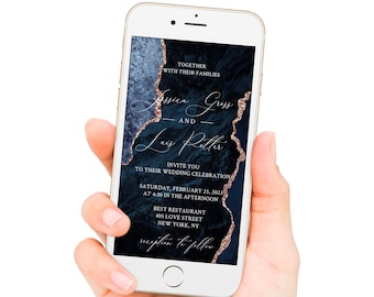Blue & Rose Gold Wedding Invitation, Elegant Electronic Invite (Digital)