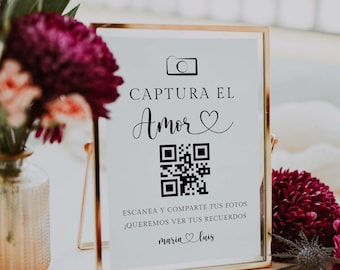 Capture the Love Spanish Template, QR Code Wedding Photo Sign, Editable All Text, Digital Download
