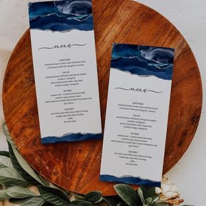 Wedding Menu Template, Printable Menu Card, Editable Menu Template, Wedding Dinner Menu Sign, Blue and Silver Menu Card, INSTANT DOWNLOAD