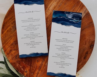 Wedding Menu Template, Printable Menu Card, Editable Menu Template, Wedding Dinner Menu Sign, Blue and Silver Menu Card, INSTANT DOWNLOAD