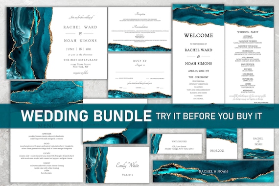 Wedding invitation bundle Teal and Gold, Wedding invitation kit, Wedding invitation suite agate, Invitation suite template, Instant Download