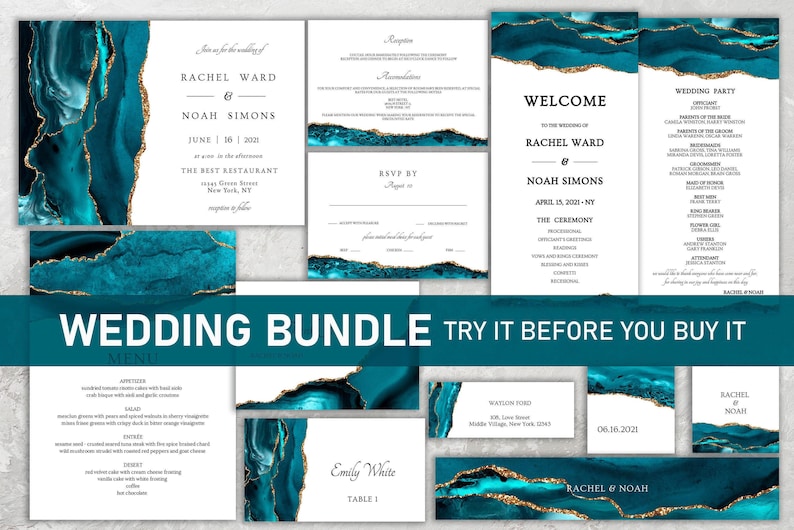 Wedding invitation bundle Teal and Gold, Wedding invitation kit, Wedding invitation suite agate, Invitation suite template, Instant Download image 1