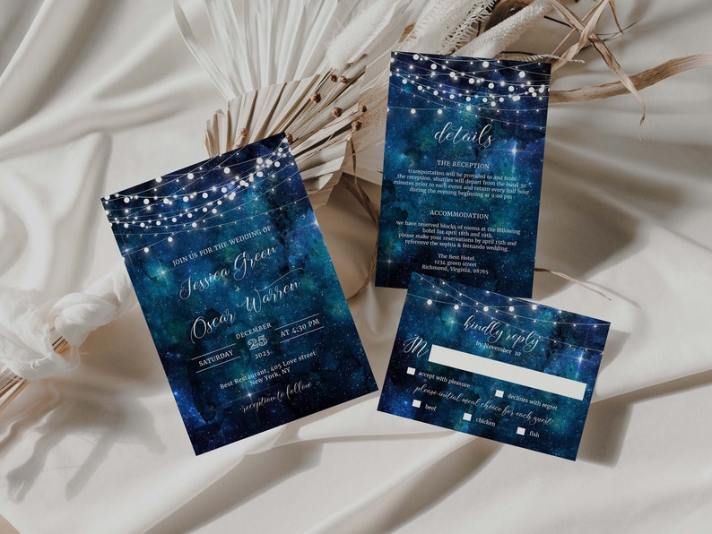 May include: A wedding invitation suite with a starry night sky background and string lights. The invitation features the couple's names, wedding date, time, and location. The details card includes information about the reception and accommodation. The RSVP card has a space for guests to indicate their attendance and meal choice.