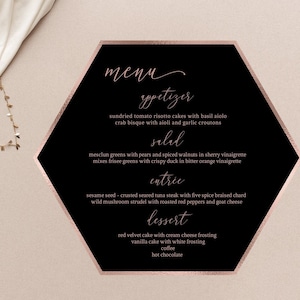 Menu Card Black and Rose Gold, Menu Card Hexagon, Wedding Menu Template, Menu Card for Birthday, Hexagon Menu Card, Geometric, Editable