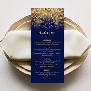 Menu de mariage bleu et or, carte de menu de dîner, carte de menu de douche nuptiale, menu de mariage paillettes d’or, texte modifiable, téléchargement instantané