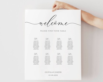 Minimalist Wedding Seating Chart for 8 Tables, Editable Template, Digital Download