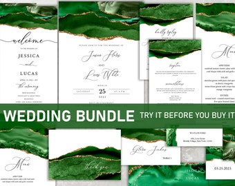 Wedding Invitation Bundle Green and Gold, Wedding Invitation Greenery, Invitation Suite, Wedding Invitation Quartz, Invitation Agate, Edit