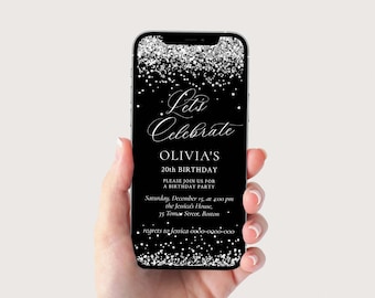 Black and Silver Birthday Party Invitation Template, Digital Invite, Editable all text, Digital Download