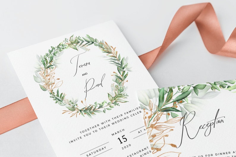 Wedding Invitation Template Editable Boho Wedding Invite Greenery Invitation Invitation Download Green and Gold Printable