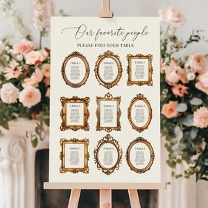 Può includere: Un tableau dei posti a sedere per matrimoni su un cavalletto. Il cartello color crema presenta cornici dorate ornate con i nomi degli ospiti. Il testo "Our favorite people" e "PLEASE FIND YOUR TABLE" è visualizzato in una scrittura elegante.