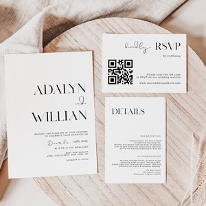 May include: A minimalist wedding invitation suite with black text on white cardstock. The invitation features the names "Adalyn" and "Willian" and the date "December 12th, 2025". The RSVP card includes a QR code and the text "Kindly RSVP by 07.08.2024". The details card includes the text "Details", "The Reception", and "Accommodation".
