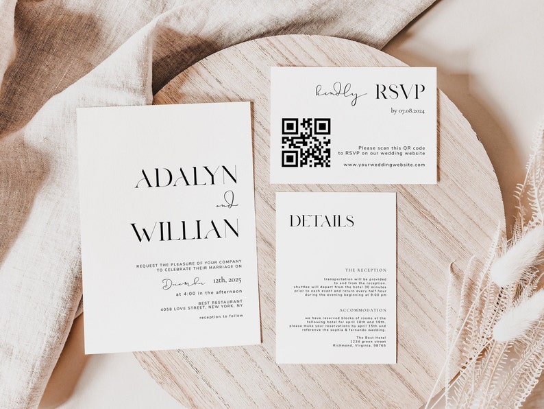 May include: A minimalist wedding invitation suite with black text on white cardstock. The invitation features the names "Adalyn" and "Willian" and the date "December 12th, 2025". The RSVP card includes a QR code and the text "Kindly RSVP by 07.08.2024". The details card includes the text "Details", "The Reception", and "Accommodation".