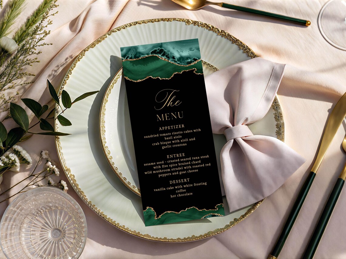 Emerald Green and Gold Menu Card Template, Editable Template, Digital ...