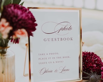 Burgundy Wedding Photo Guest Book Sign Template, Table Reception Decor, Instant Download
