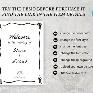 May include: A printable wedding welcome sign with a black border and white background. The text reads "Welcome to the wedding of Olivia & Lucas" with the date "04.05.2026" below. The sign is editable and can be customized with different colors, fonts, and images.